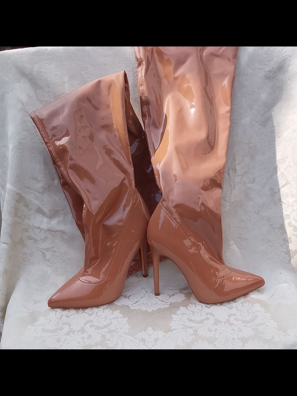Tan or Taupe High Gloss  Sexy Patent Thigh 4.5" High Stiletto Heel Boots Sz 7.5